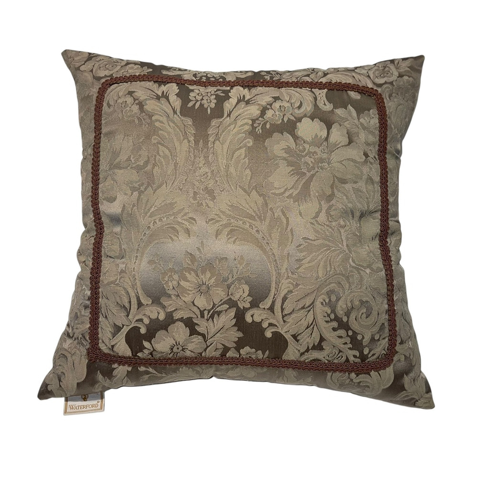 Waterford Damask Jacquard Print Deco Throw Pillow Taupe Brown Square 18.5” USA‎